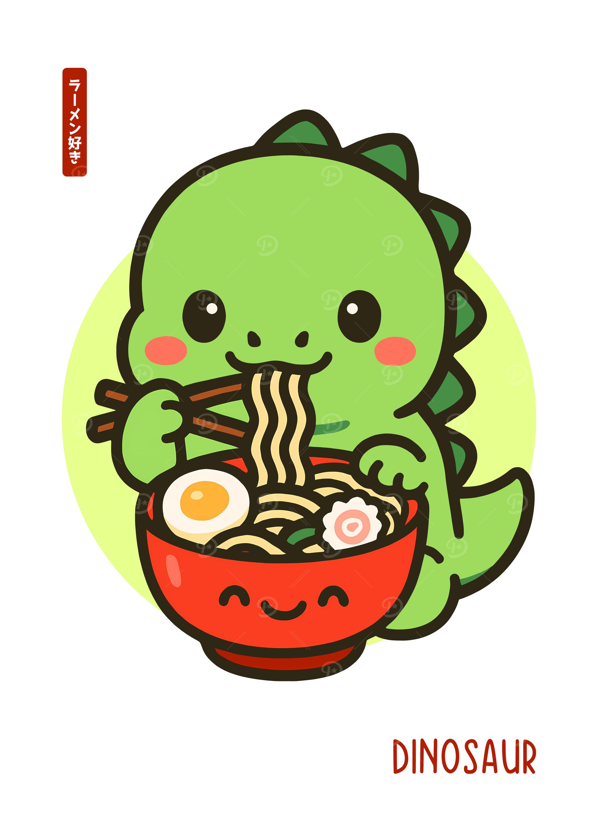 Cute Kawaii Dinosaur Eating Ramen Illustration