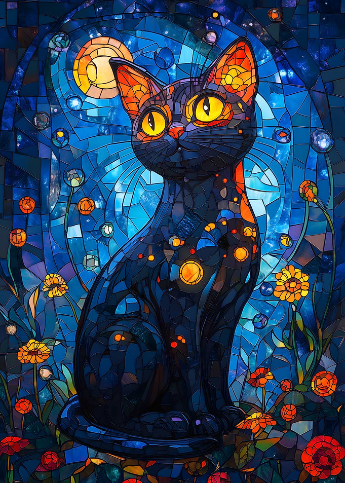 Stained Glass Black Cat with Flowers