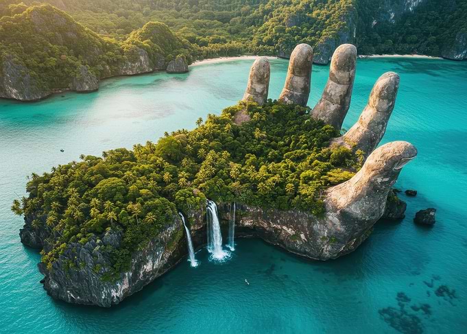 Hand-Shaped Island with Waterfalls