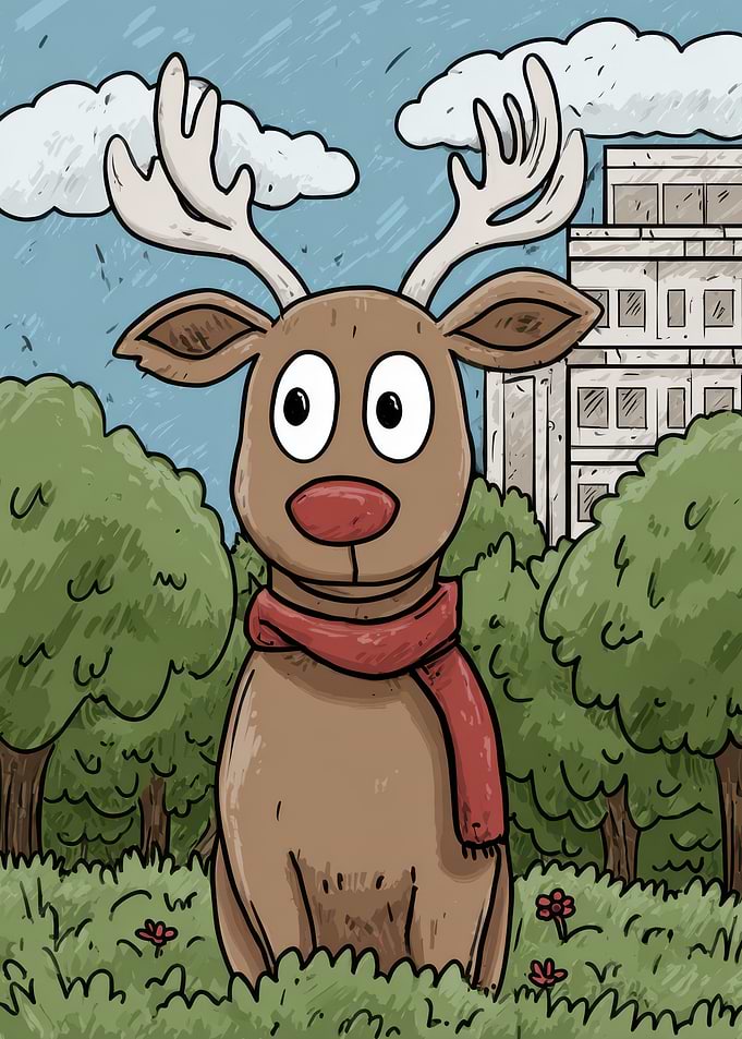 Cartoon Reindeer in City Park