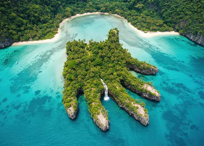 Hand-Shaped Tropical Island Aerial View