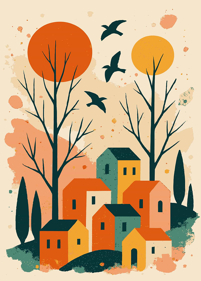 Watercolor Village with Birds and Sun