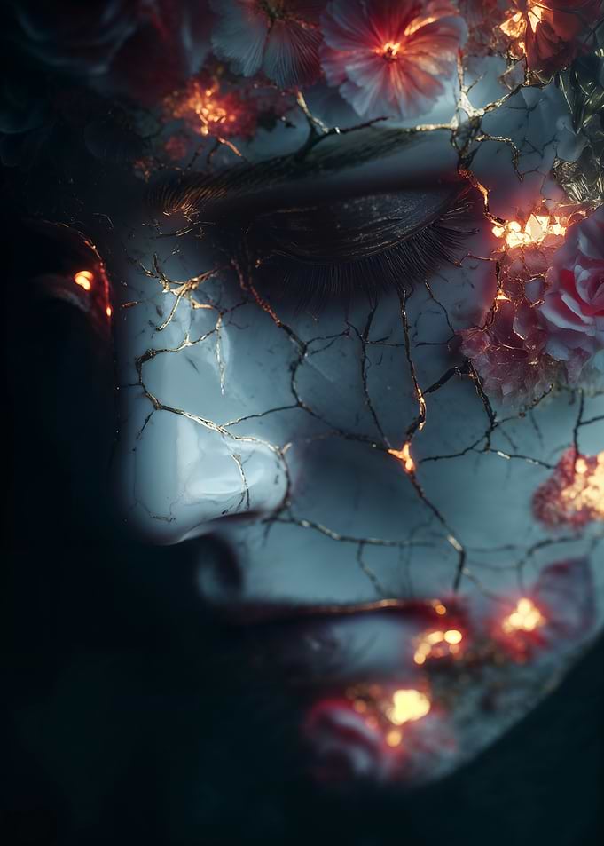 Floral Face Sculpture with Glowing Cracks
