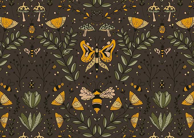 Floral and Insect Pattern on Brown