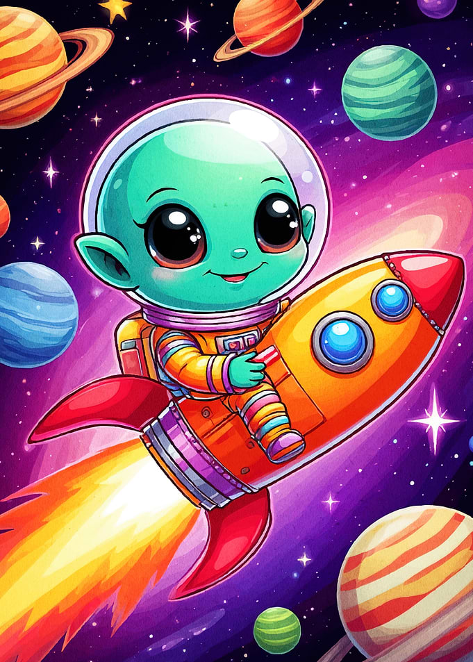 Cute Alien Astronaut Rocket