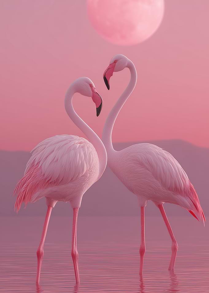 Flamingos in Love under Pink Moon