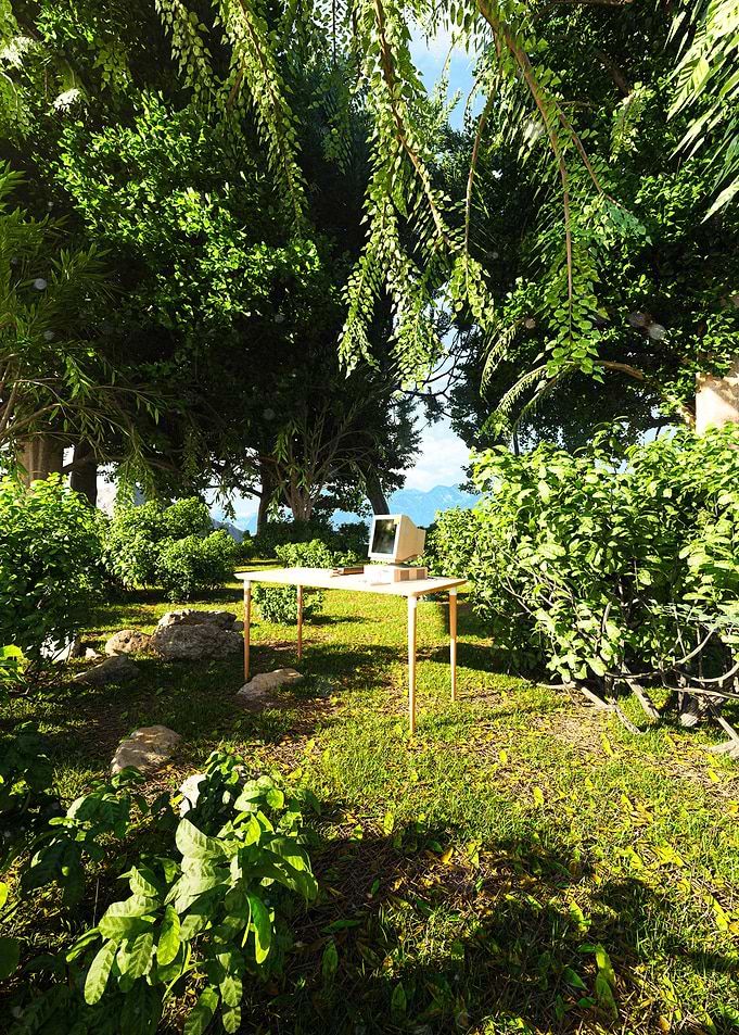 Computer on desk in lush garden