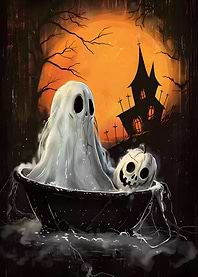 Spooky Halloween Ghost and Pumpkin Illustration
