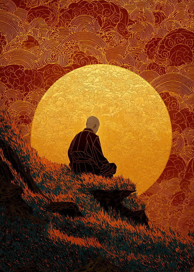 Meditating Monk at Sunset