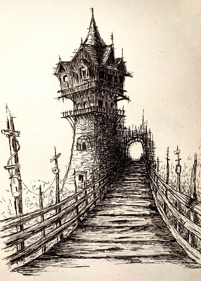 Tower and Bridge Ink Drawing
