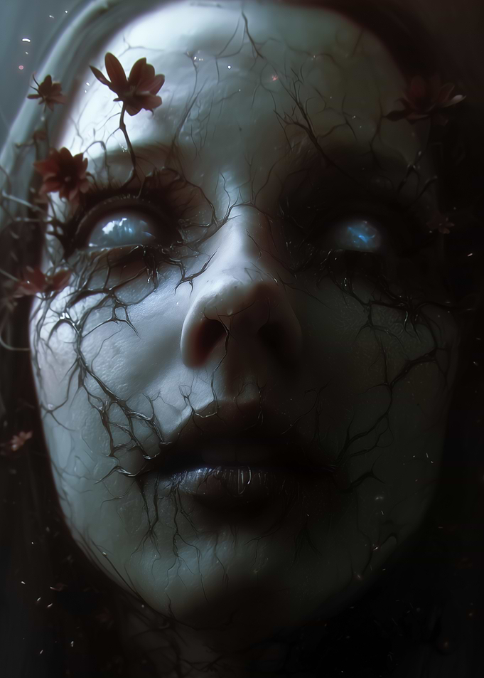 Ethereal Face with Flowers and Cracks