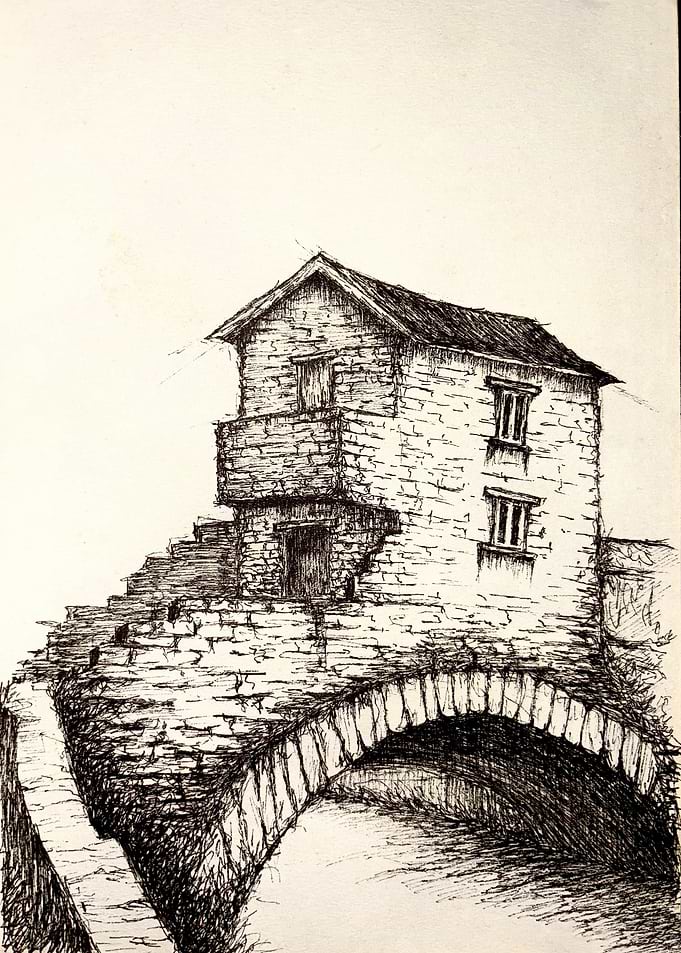 Stone House and Bridge Ink Drawing