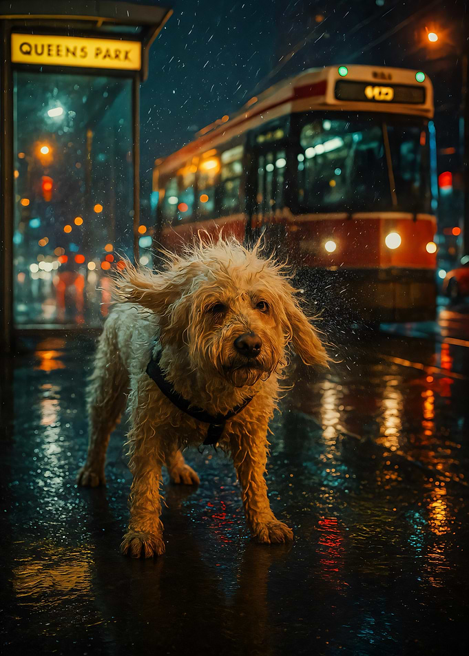Wet Dog Shaking in City Rain