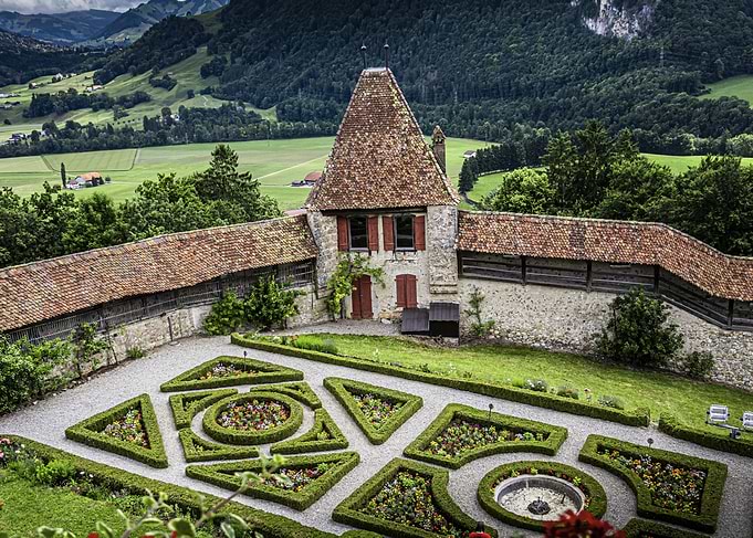 Gruyères Castle Garden with Geometric Flowerbeds