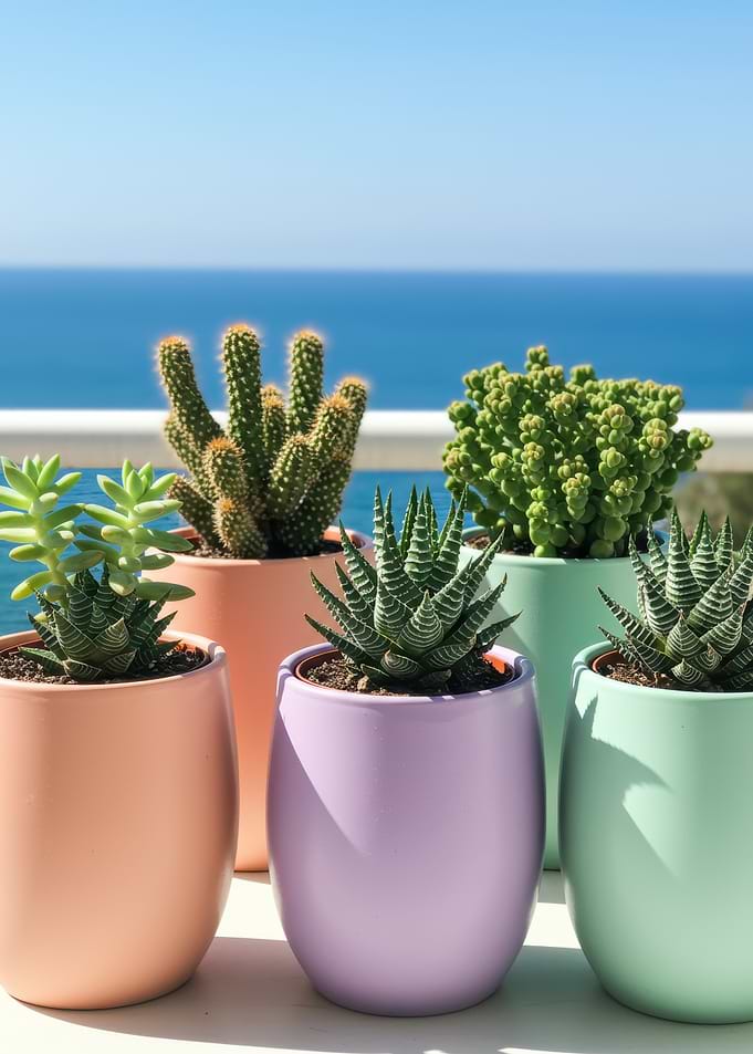 Succulents in Pastel Pots by the Sea
