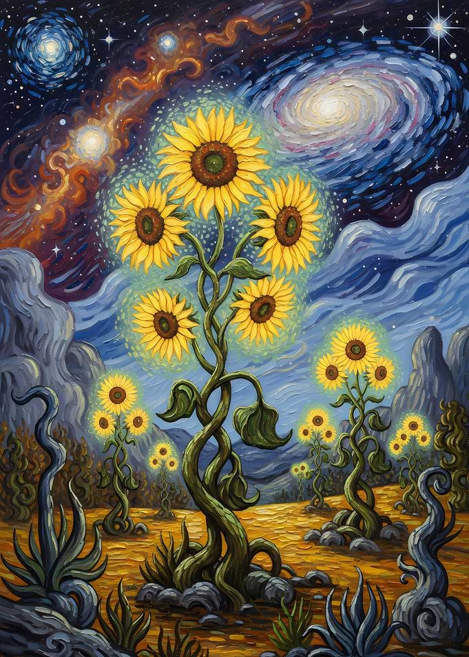 Sunflower Field Under Starry Night Sky