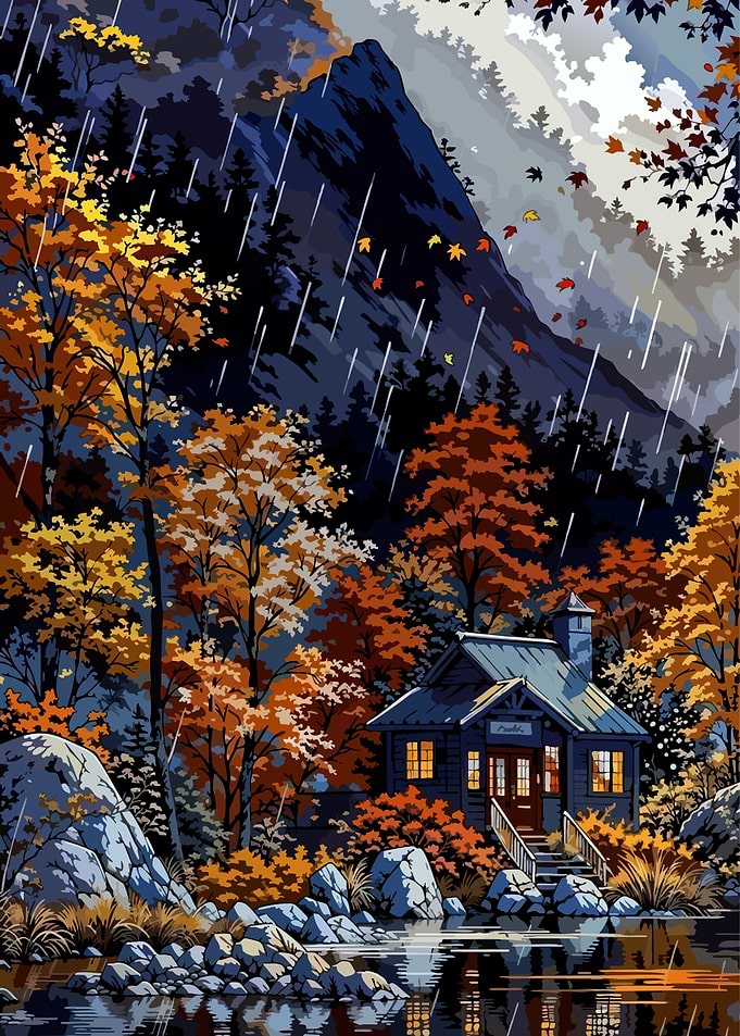 Autumn Cabin in the Rain