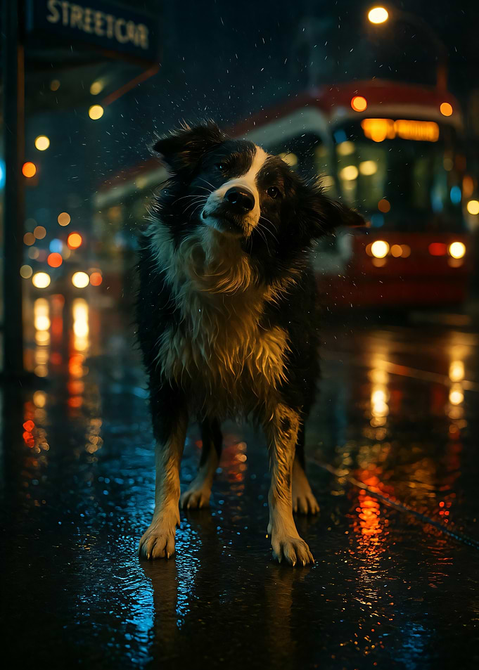 Dog Shaking in Rainy City Street