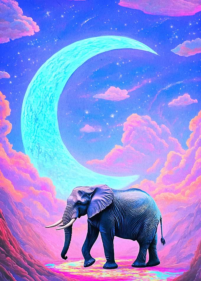 Elephant under crescent moon