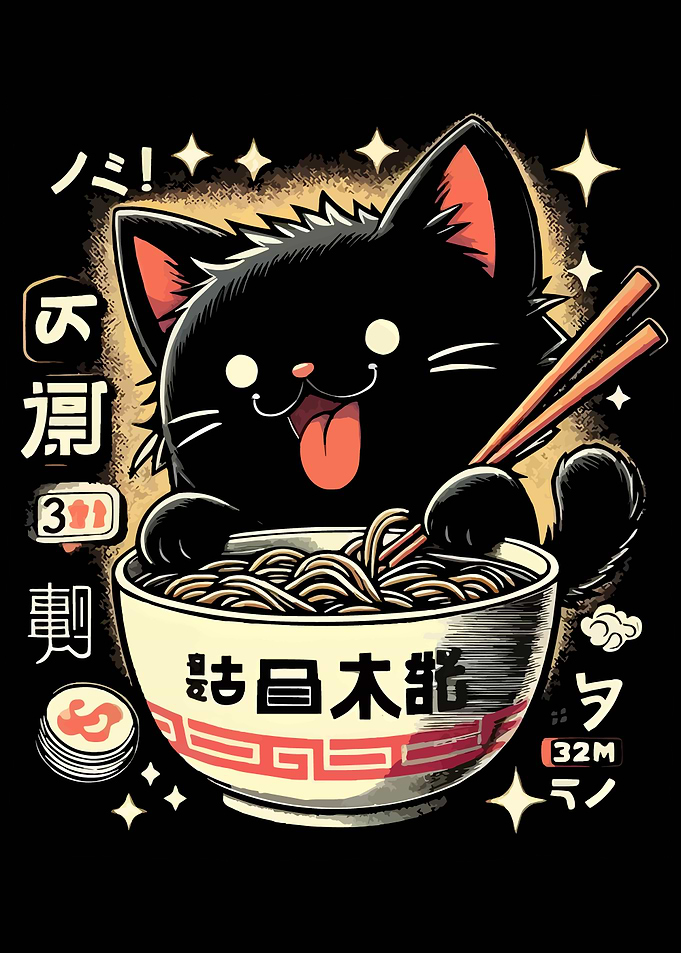 Cute Black Cat Eating Ramen