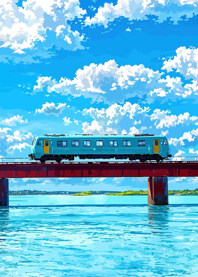 Train on Bridge Under Cloudy Sky