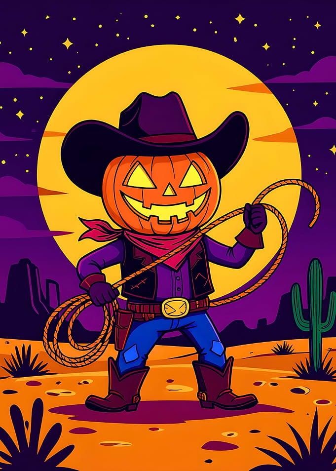 Halloween Cowboy Pumpkin Cartoon Illustration