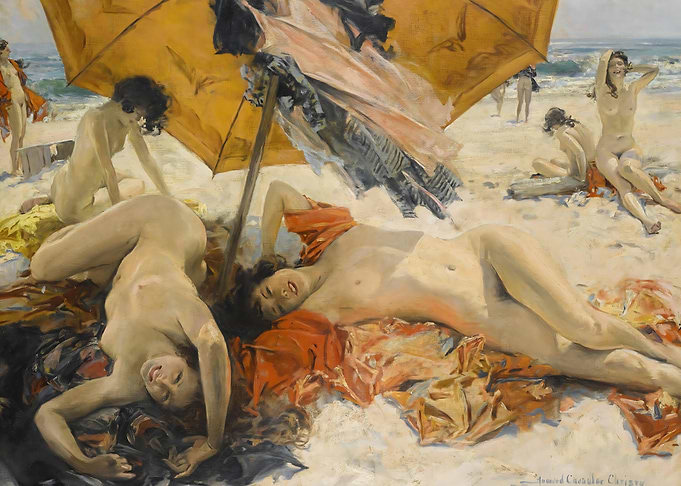 Beach Scene with Figures and Umbrella