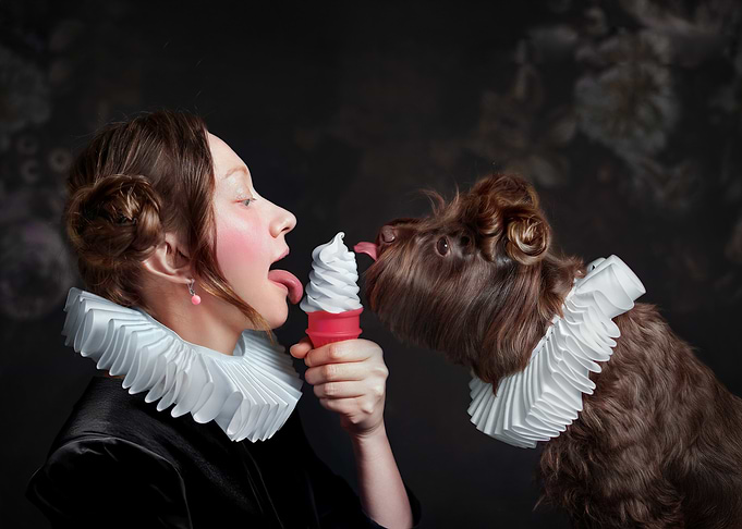 Woman and Dog Sharing Ice Cream