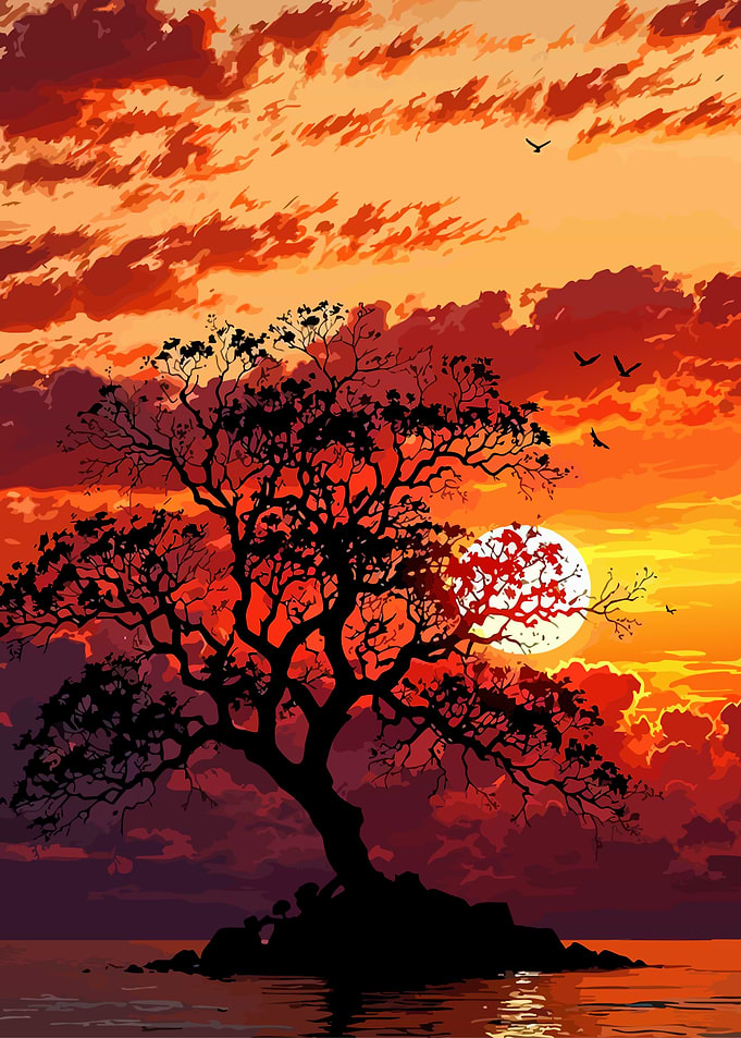 Silhouette Tree Sunset Landscape Art