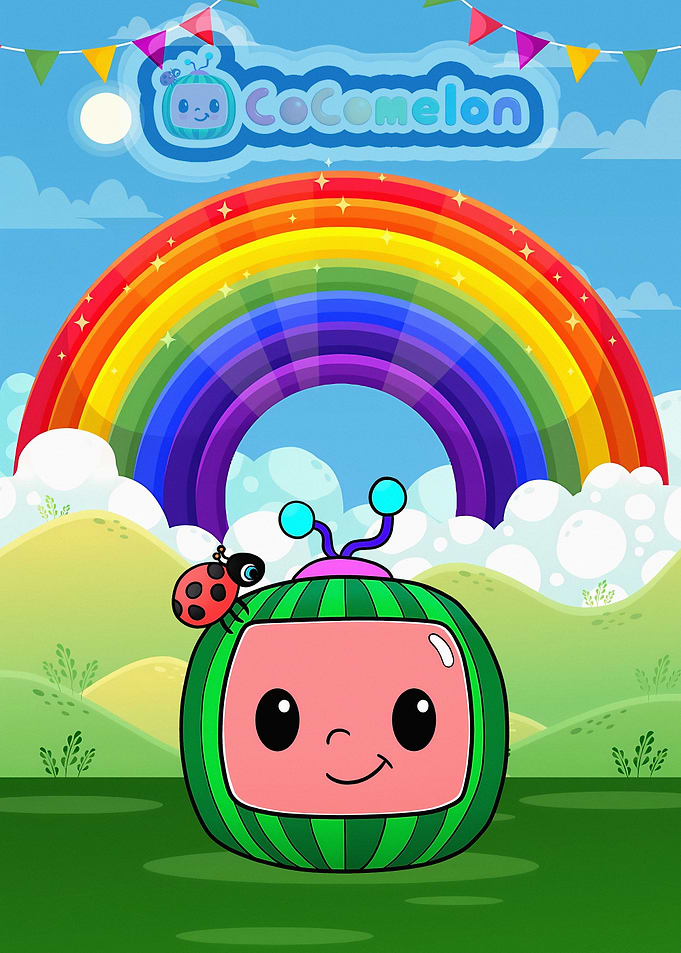 Cocomelon cartoon with rainbow background