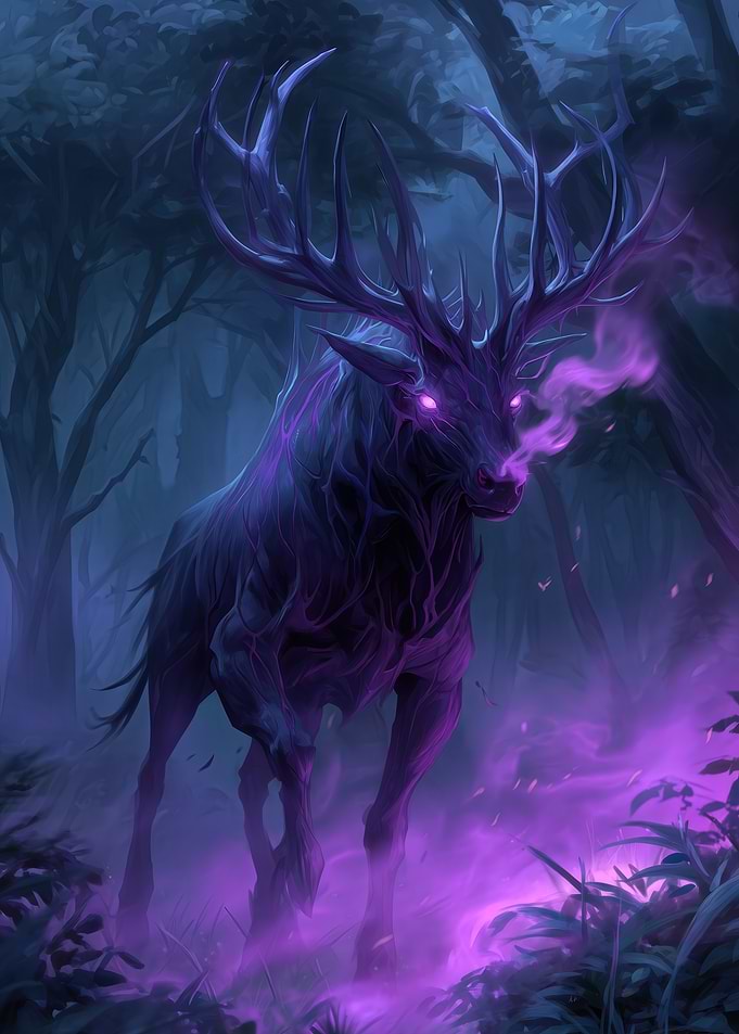 Mystical Purple Deer in Dark Forest