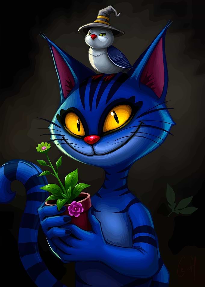 Blue Cat with Bird and Plant