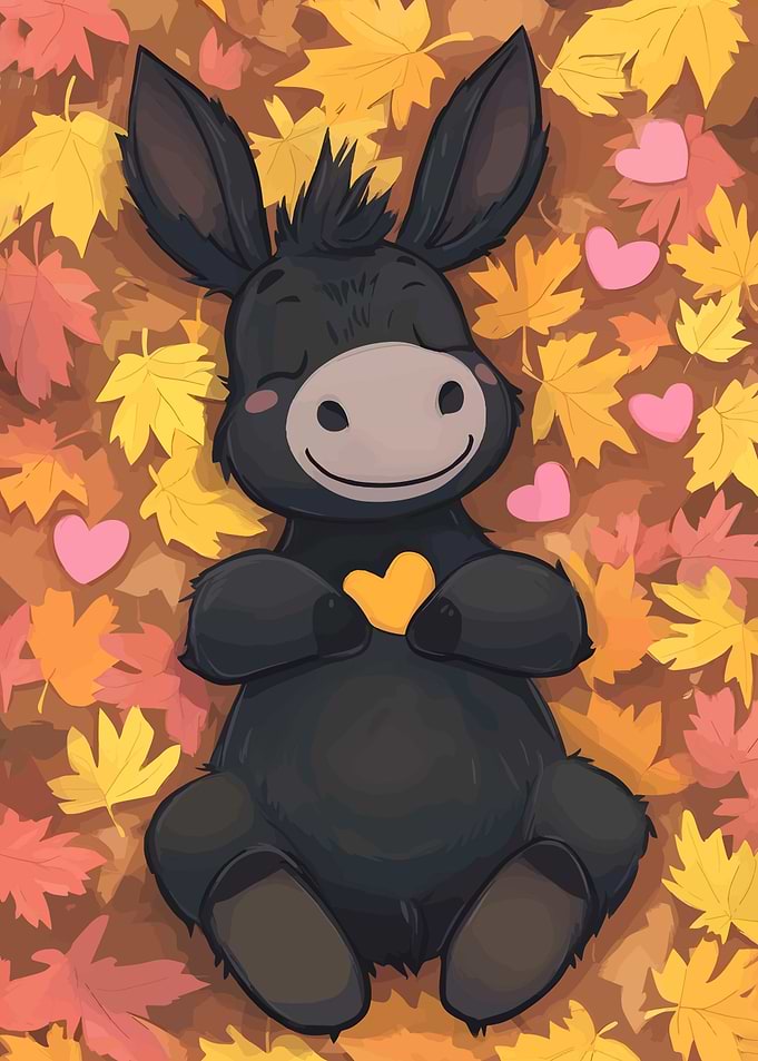 Cute Donkey in Autumn Leaves