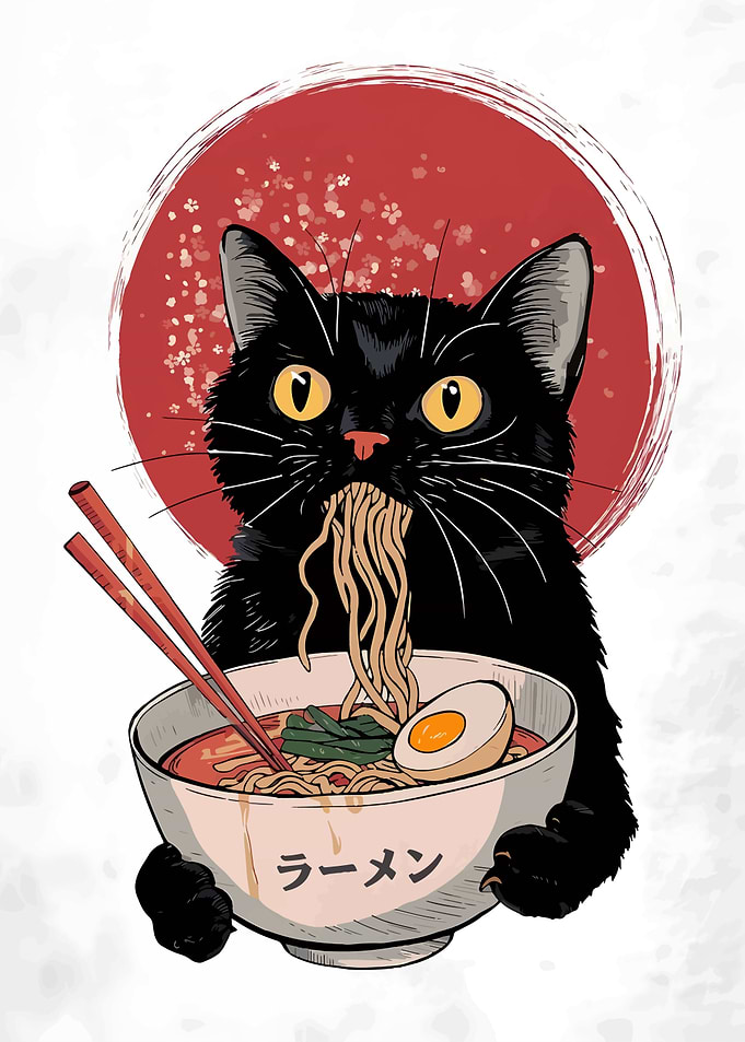 Black Cat Eating Ramen