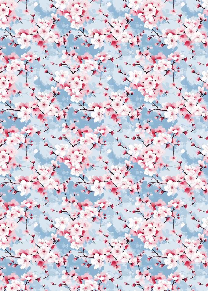 Cherry Blossom Pattern on Blue Background