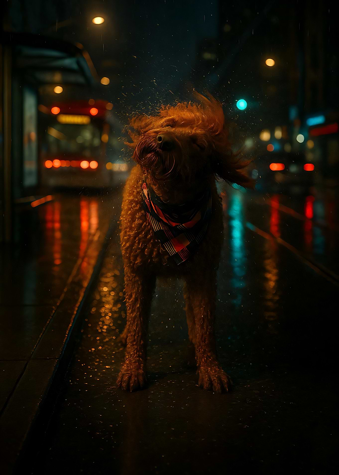 Dog Shaking Off Water in City