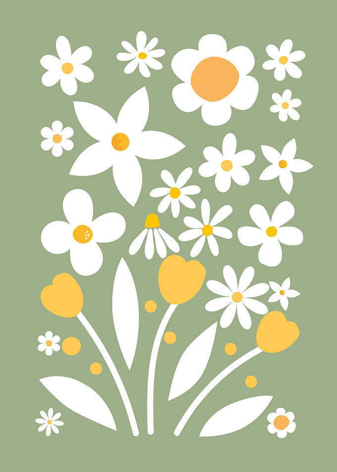 Floral Illustration with Daisies and Tulips