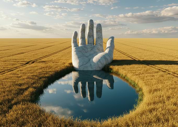 Surreal Hand Sculpture in Wheat Field