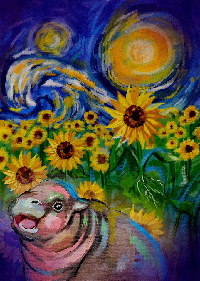 Hippo in Sunflower Field, Starry Night