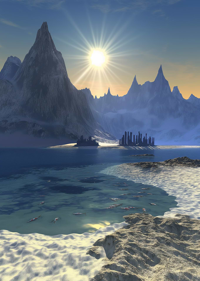 Mountainous Landscape with Water and Ruins