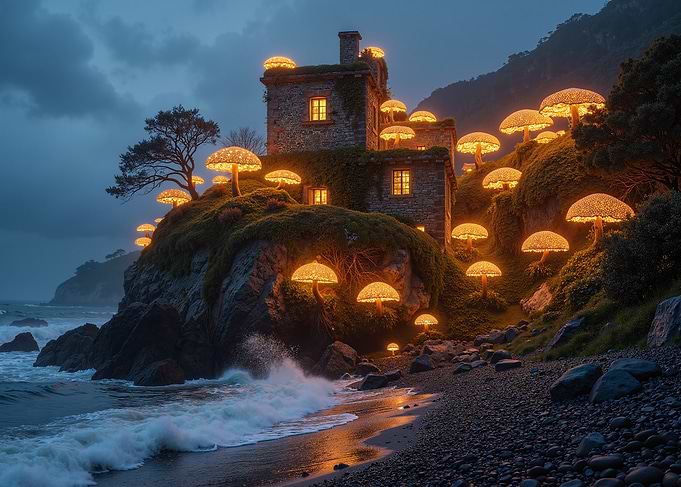 Glowing Mushroom House by the Sea