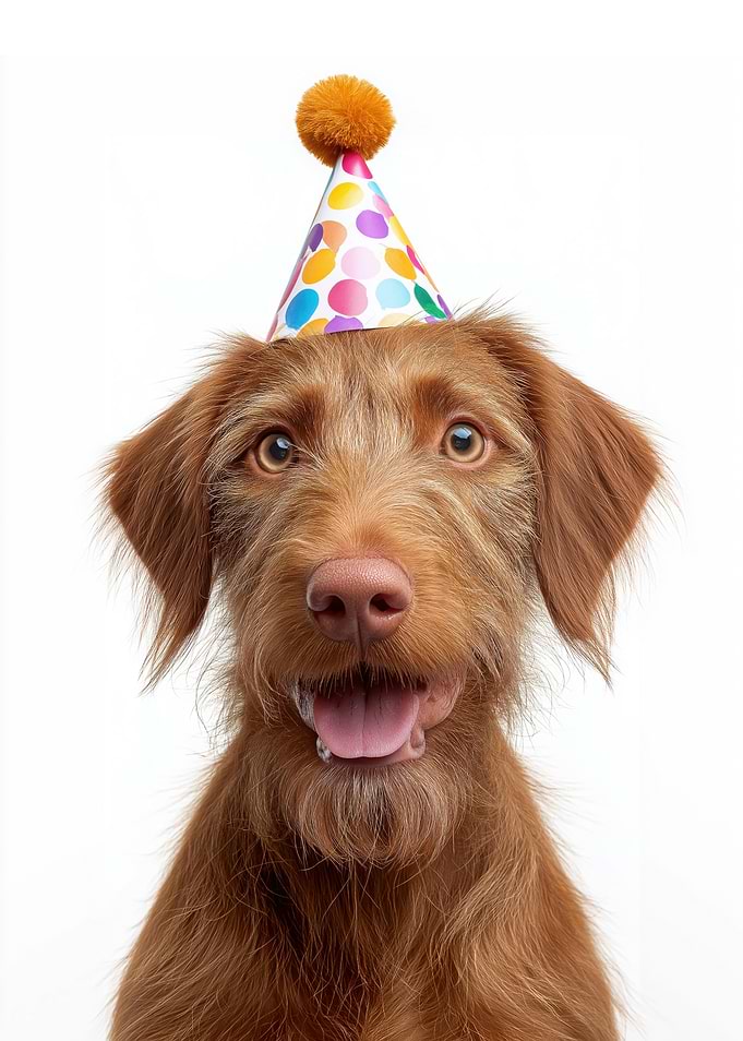 Wirehaired Vizsla Dog with Birthday Hat Portrait