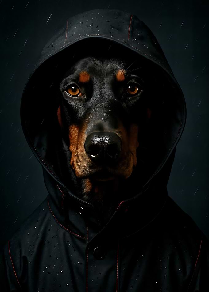 Doberman in Raincoat Portrait