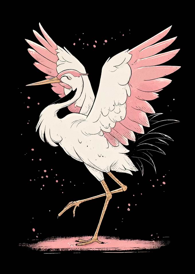 Dancing Pink and White Crane Illustration