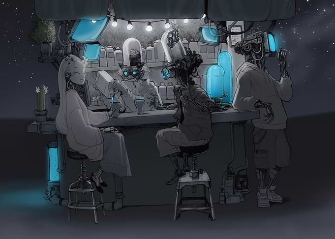 Cyberpunk Bar Scene with Robotic Patrons