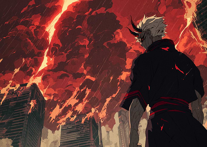 Anime Character in Burning Cityscape