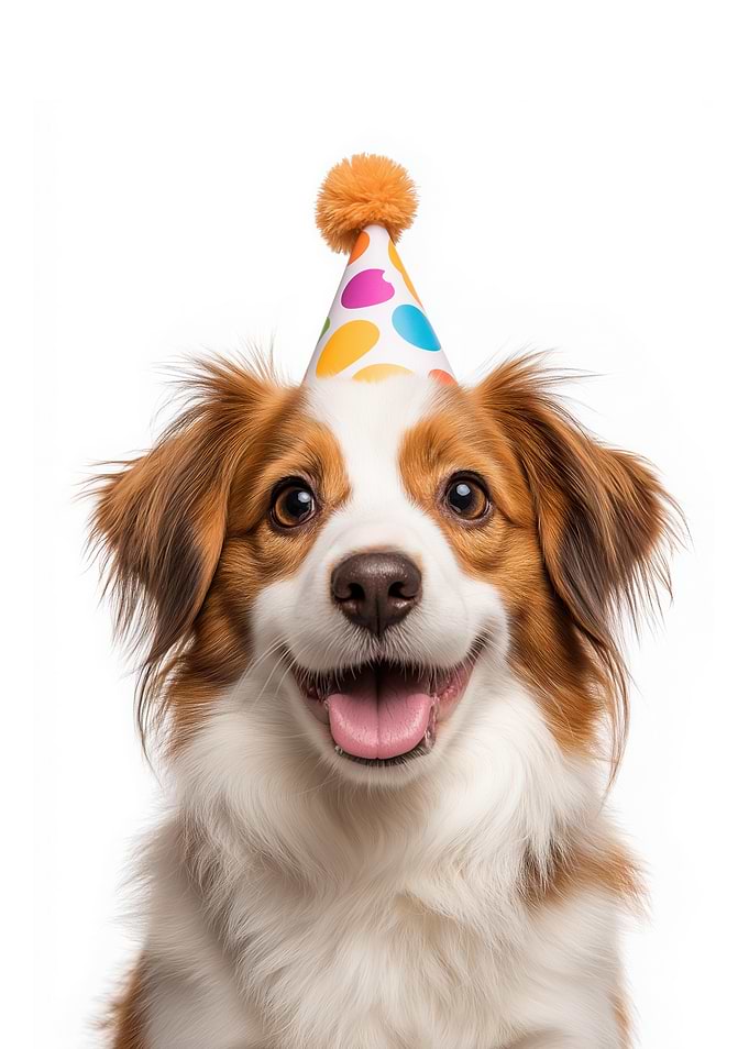 Happy Kooikerhondje Dog with Birthday Hat