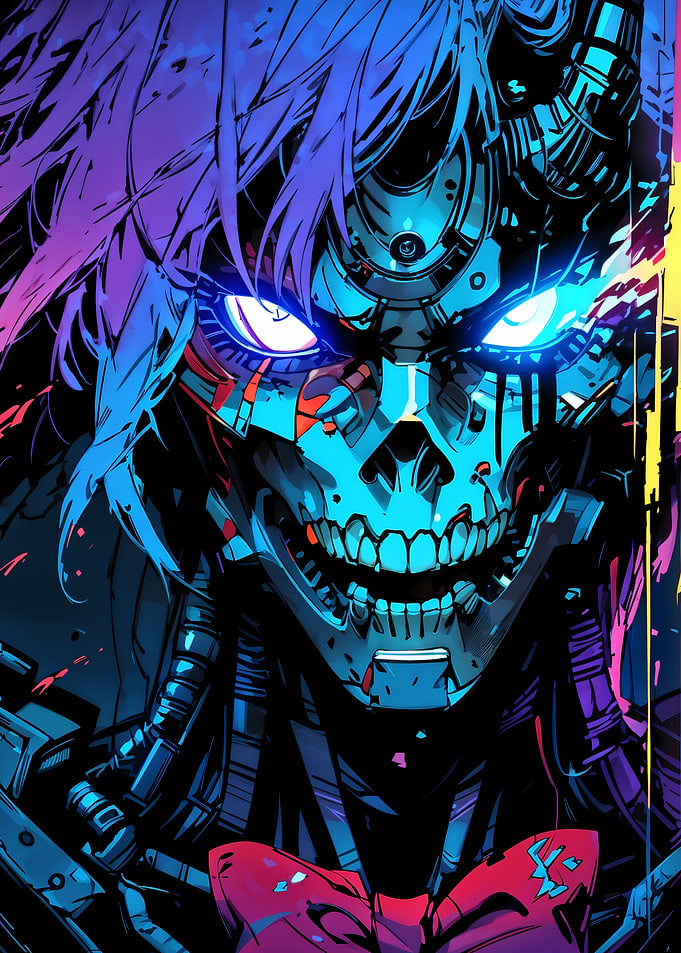 Cyberpunk Skull Robot with Glowing Eyes