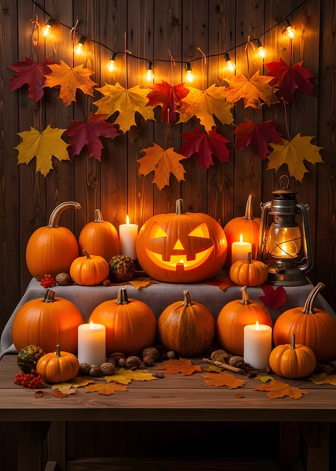 Halloween Pumpkins and Autumn Leaves Still Life