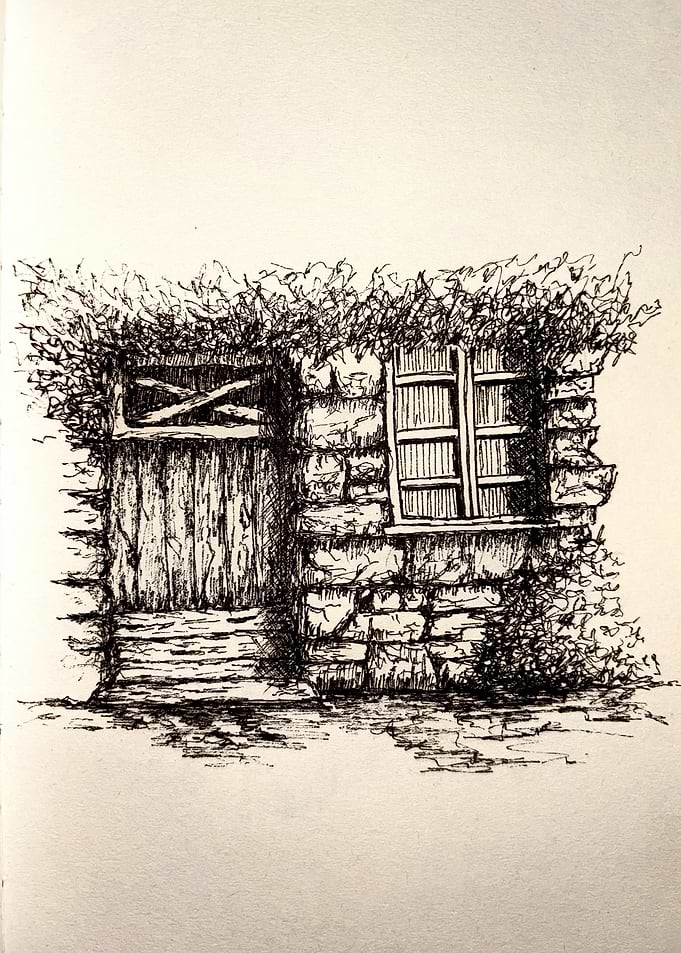 Old Stone Building Ink Drawing